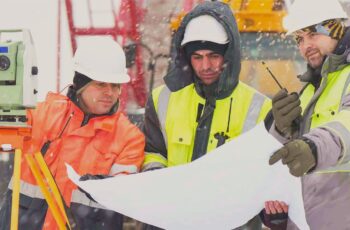 Будівельна бригада вивчає проєкт на майданчику під час снігопаду — важкі будівельні роботи в складних погодних умовах